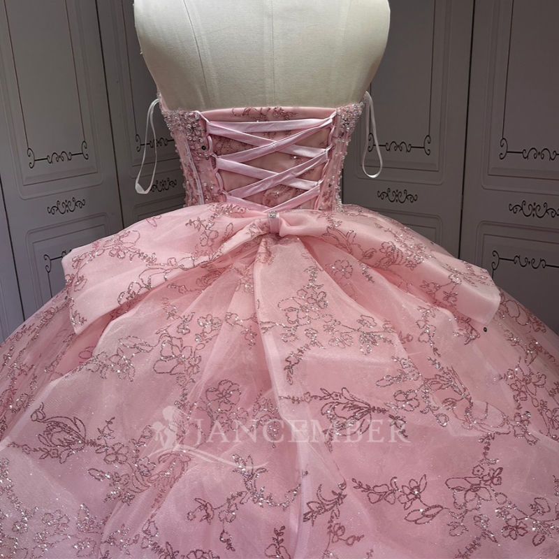 Pink Shiny Quinceanera Dresses Off Shoulder Ball Gown Sweet 16 Dress Sequin Applique Lace Beading Crystal Bow Tull Birthday Party