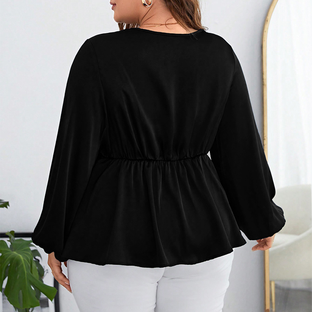 Large Size Womens Temperament Solid Color Chiffon Shirt with Waist Cinched Bubble Sleeves V-neck Long Sleeved Shirt Top