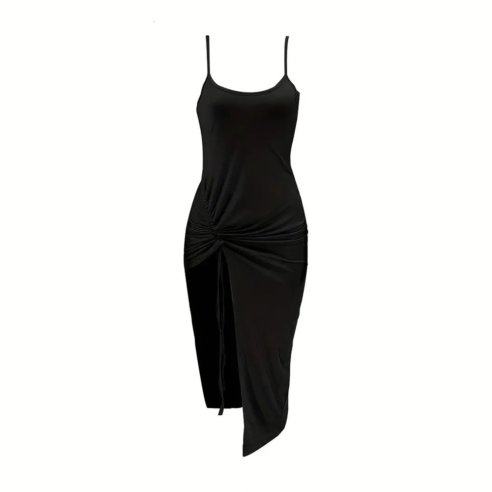 Summer New Womens Sexy Backless Pleated Slit Slim Fit Solid Color Suspender Dress