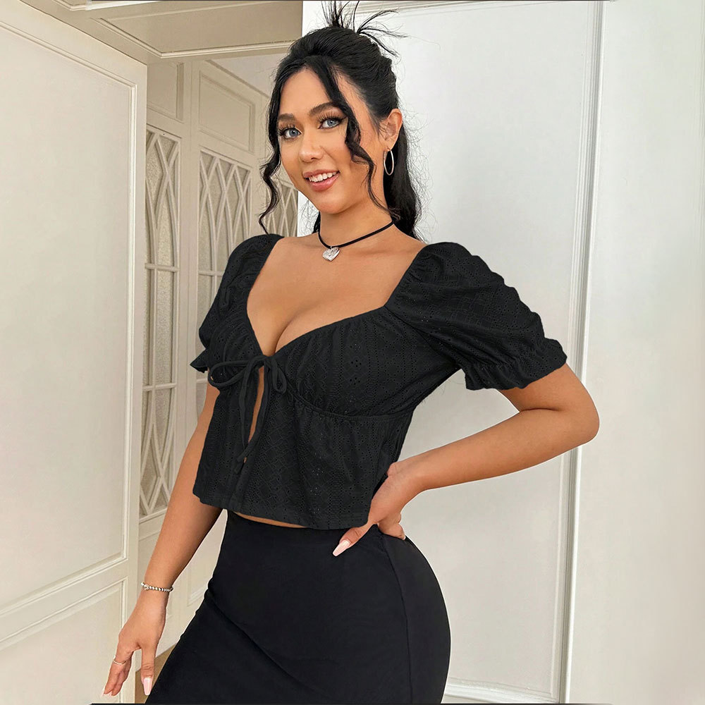 2025 Summer New V-neck Solid Color Drawstring Pleated Short Sleeved Loose T-shirt for Women