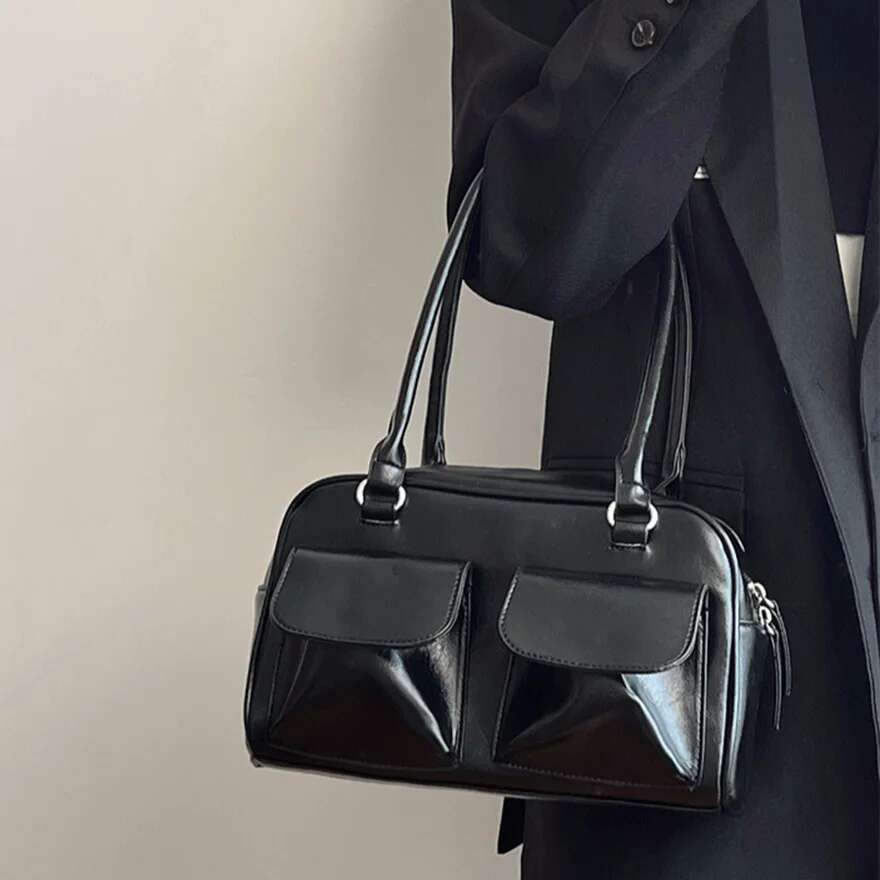 Women Shoulder BagsTote Fashion Purse Handbag Large Capacity Underarm Casual Double Pocket Zipper Retro PU Leather Bag
