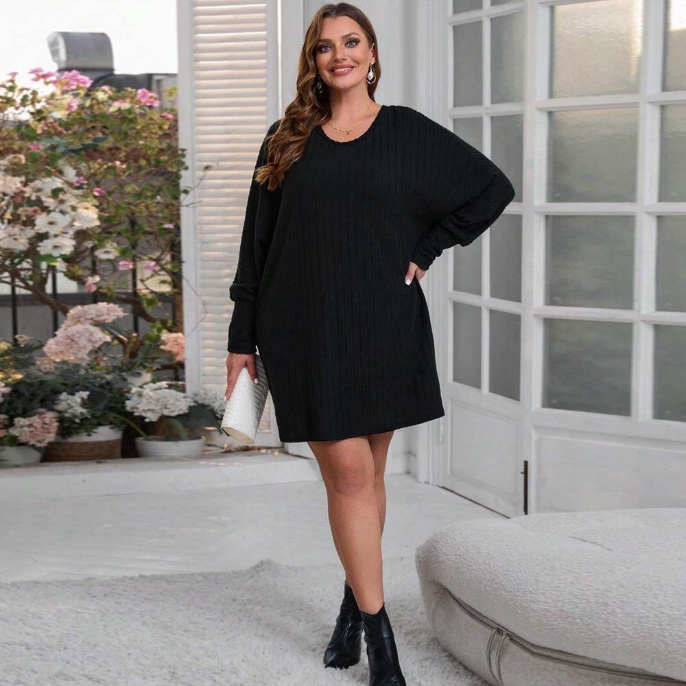 Plus Size Simple Style Loose Dress Autumn and Winter Round Neck Backless Design Sense One Step Short Skirt