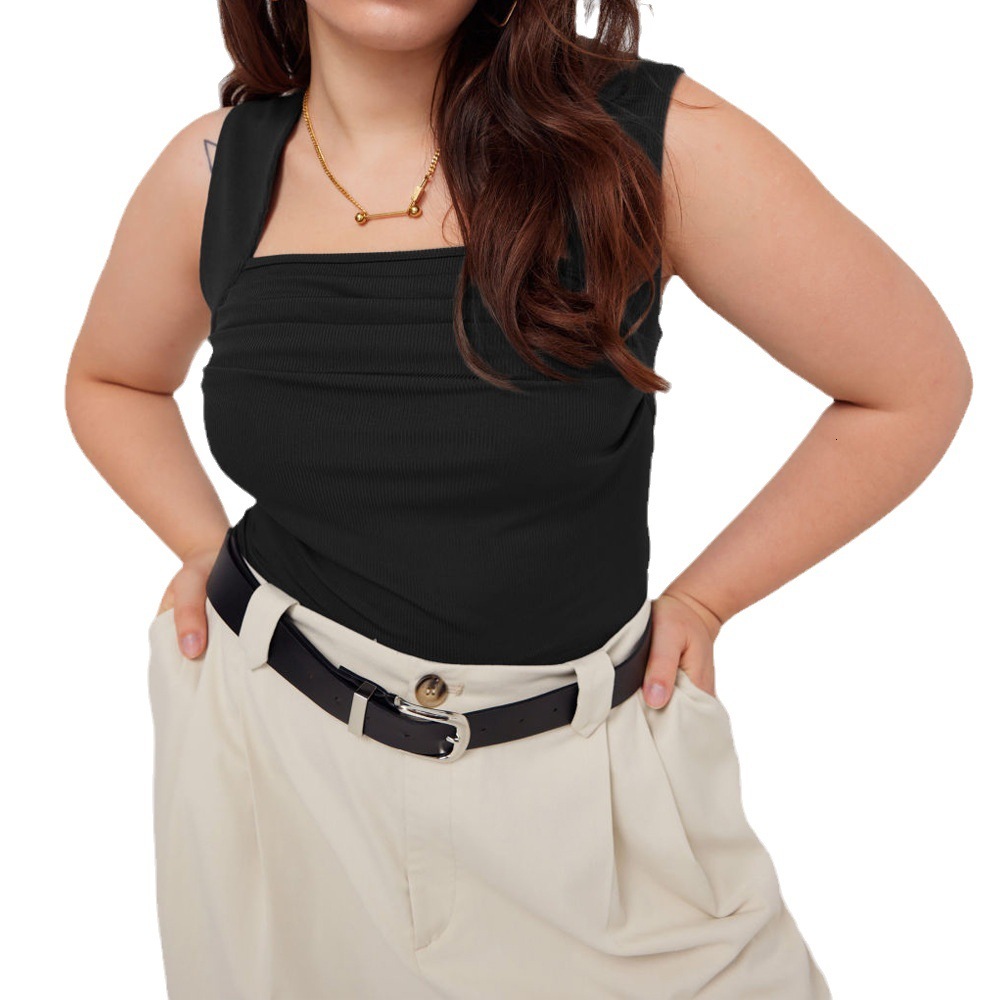 Spring/summer Plus Size Womens Square Neck Slim Fit Temperament Pleated Sleeveless Knitted Vest Top