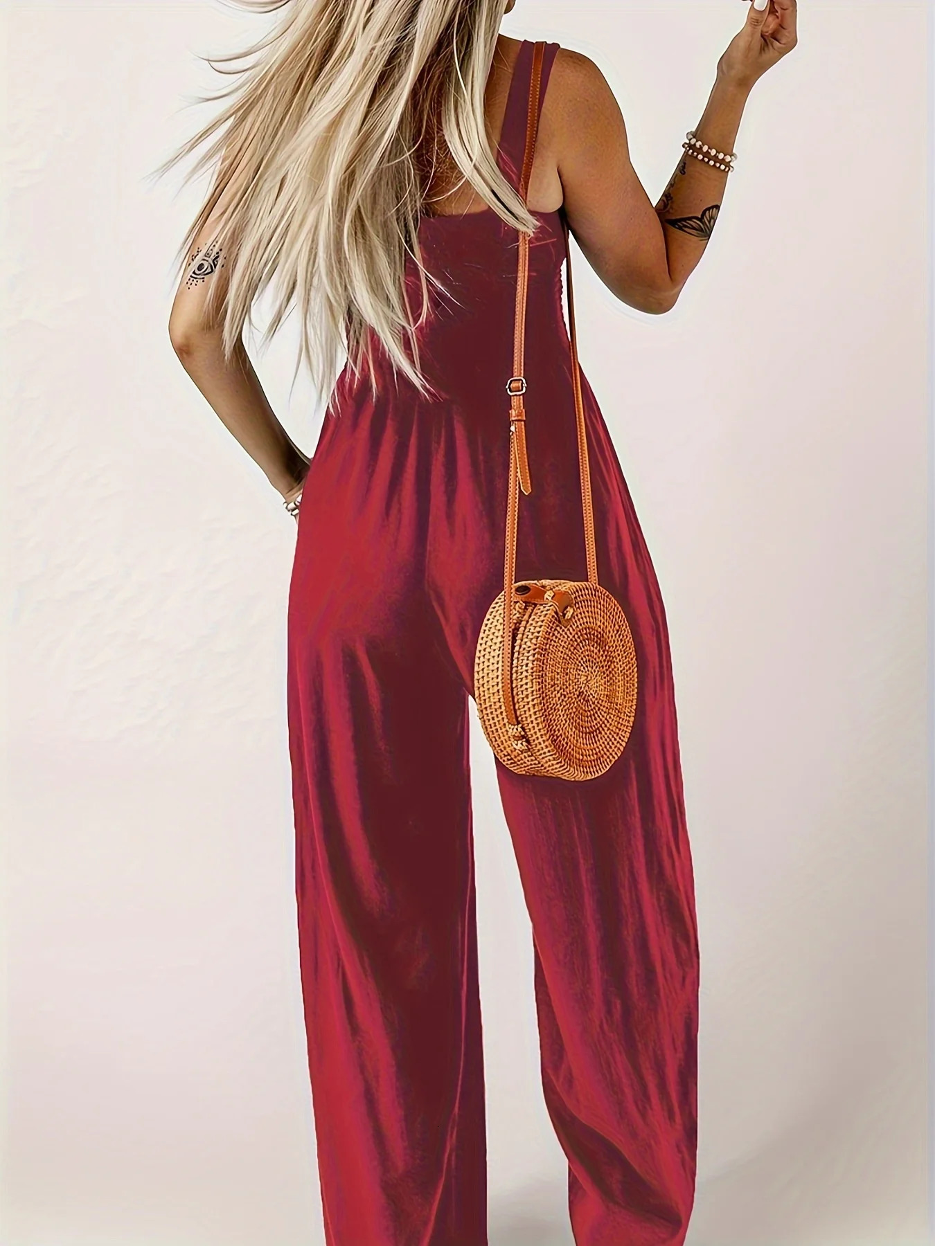 plus size Solid color wide leg pants with minimalist commuting style high waisted suspender jumpsuit for women 250515