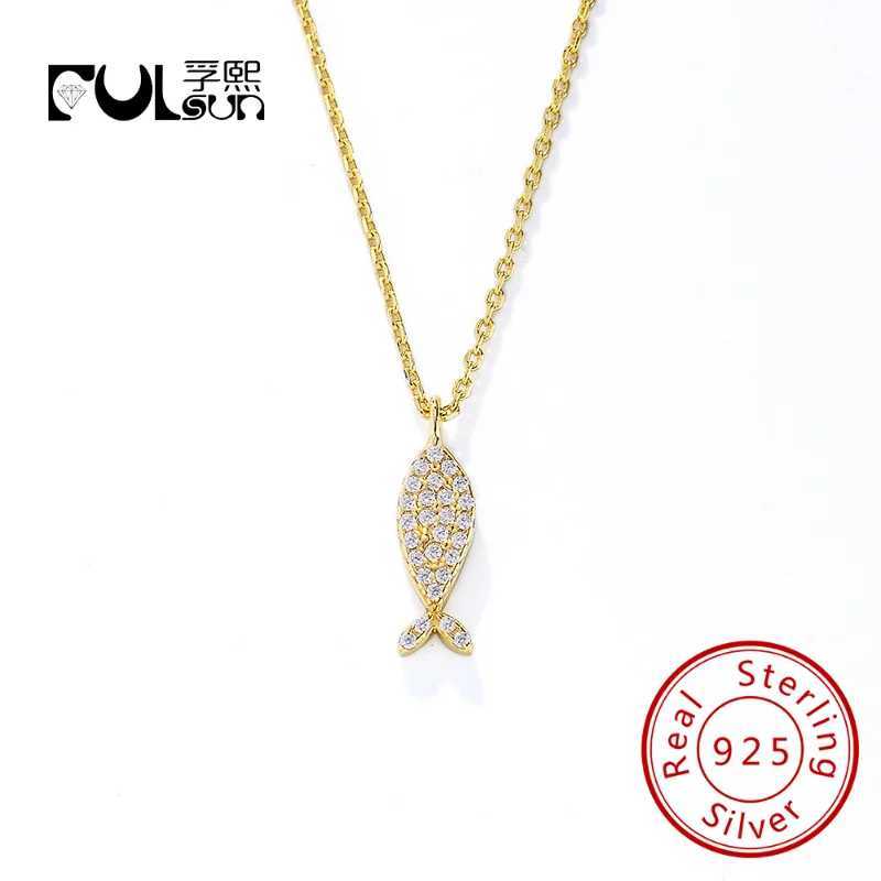 14k gold plated Cute Zircon Fish Pendant Necklace jewelry 925 Sterling Silver necklace for Kids Girls X250516