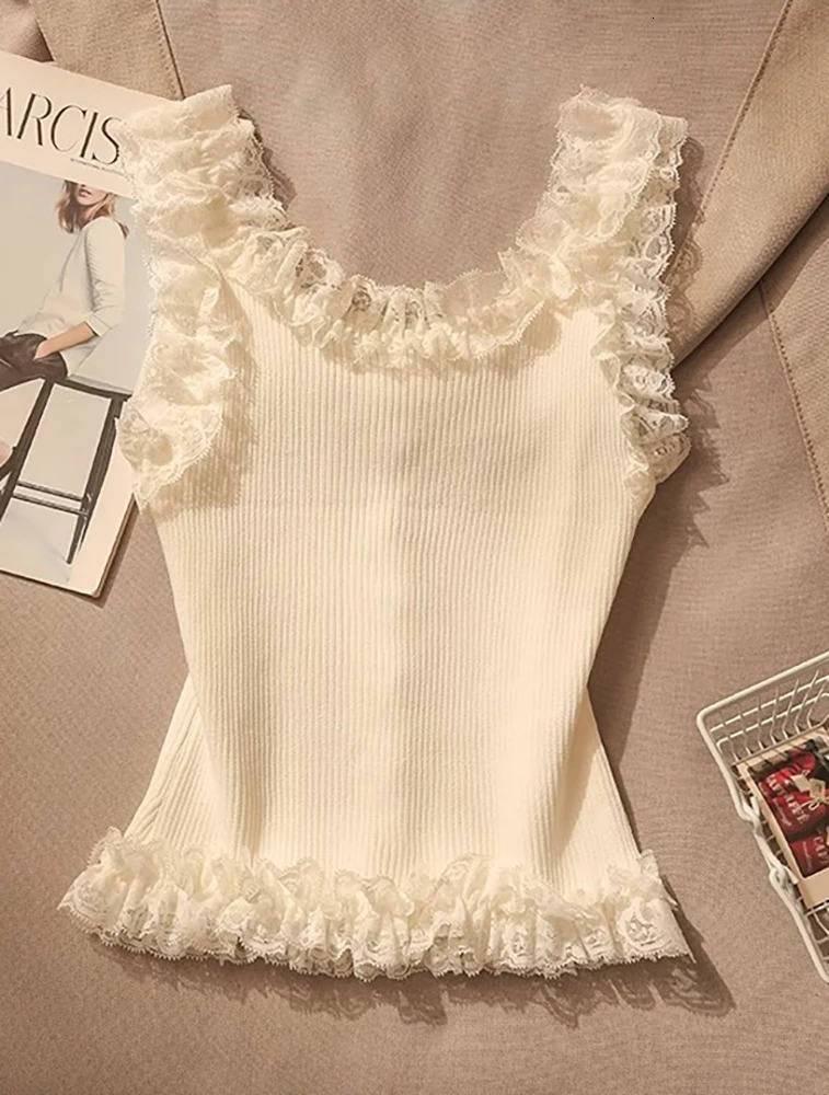 Korean Lace Patchwork Crop Top Women UNeck Knitted Stretch Tank 2025 Summer Female White Cami 250506
