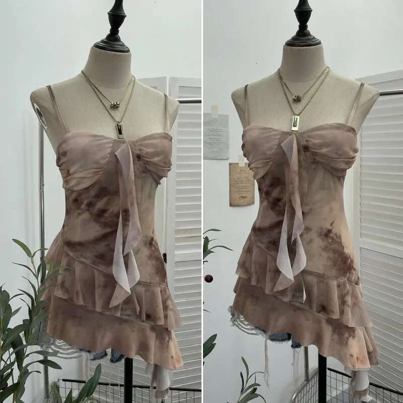 New Women's Smudged Mesh Spaghetti Strap Camisole With Breast Pads Irregular Ruffled Top Y2k Essential Streetwear Outfits 1139