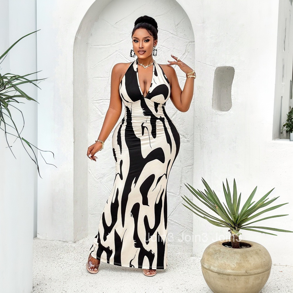 2025 Plus Size Womens Spring and Summer New Sexy Hanging Neck Cow Patterned Dress V-neck Backless Long Skirt