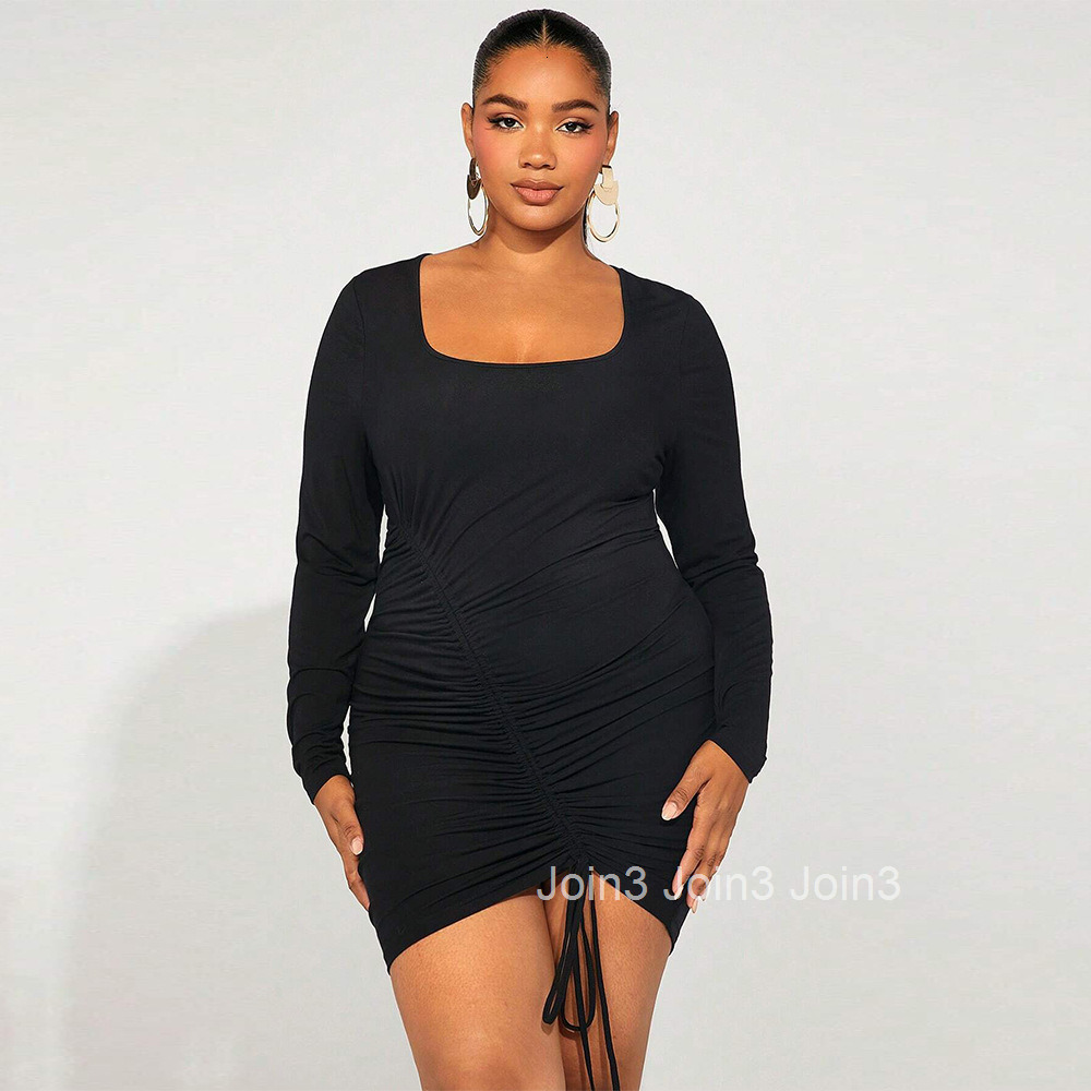 Large Size Womens Autumn and Winter Slim Fit Temperament Bag Hip Square Neck Long Sleeved Solid Color Dress