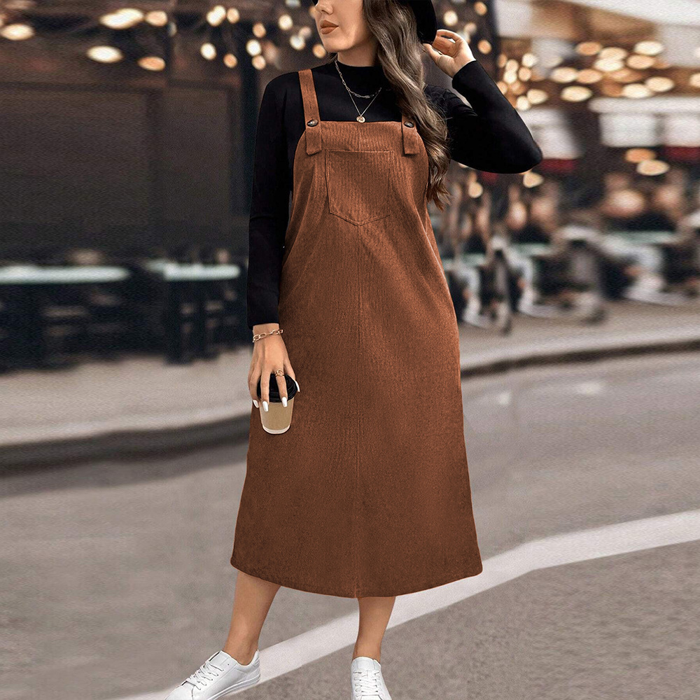 Plus Size Womens Lazy Style Shoulder Strap Skirt Autumn and Winter Loose Straight Waist Mid Length Dress