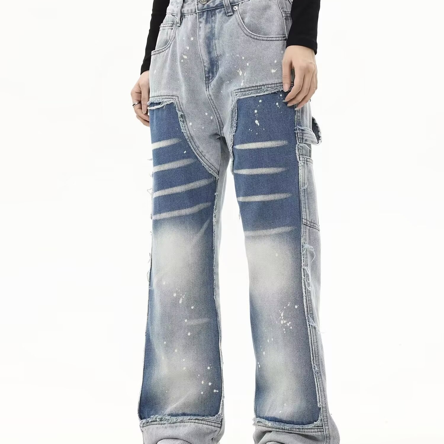 High street American retro washed patchwork splashed ink jeans men's loose straight hip hop long pants contrasting colors