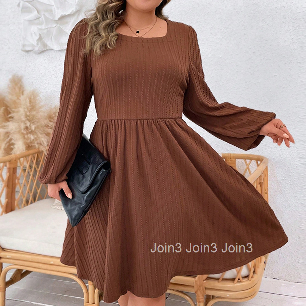 Large Size Womens Autumn and Winter Square Neck Waist Slimming High Waisted A-line Skirt Texture Dress