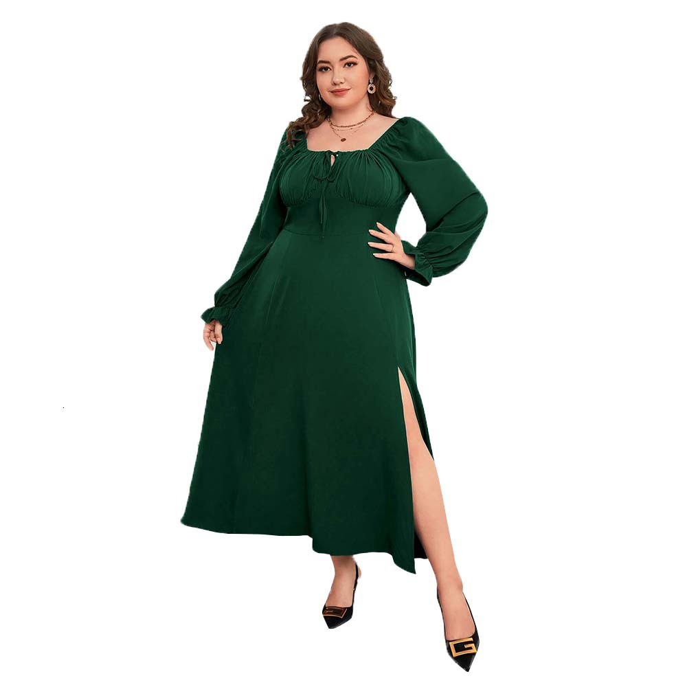 Large Size Womens French Elegant Style Dress for Autumn and Winter High Waisted Split Square Neck Mid Length Skirt