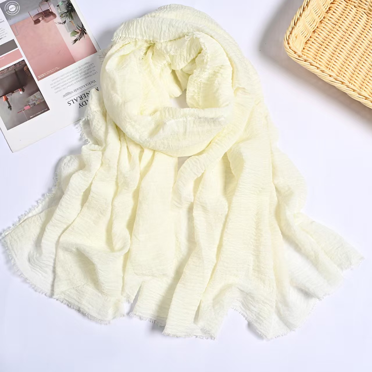 T727 European and American encrypted high quality bubble wrinkle monochrome cotton and linen scarf solid color hair beard head scarf wrinkle pleated s