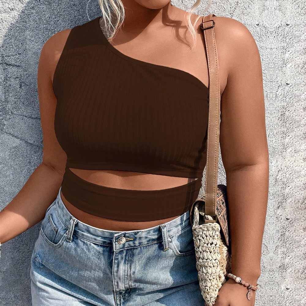 Large Size Womens New Instagram Fashion Versatile Sloping Shoulder Short Knitted Vest with Exposed Navel Top