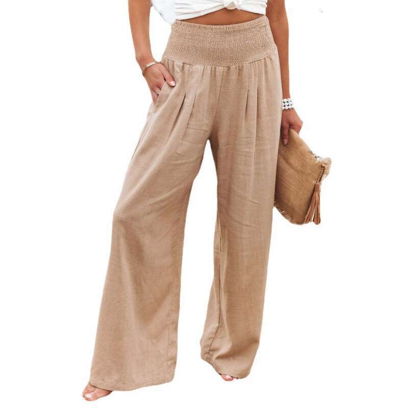 2025 Spring/summer Cotton and Hemp Large Size Womens Wide Leg Elastic Waist Casual Long Pants Versatile Long Ventilation Solid New Product New Arrival
