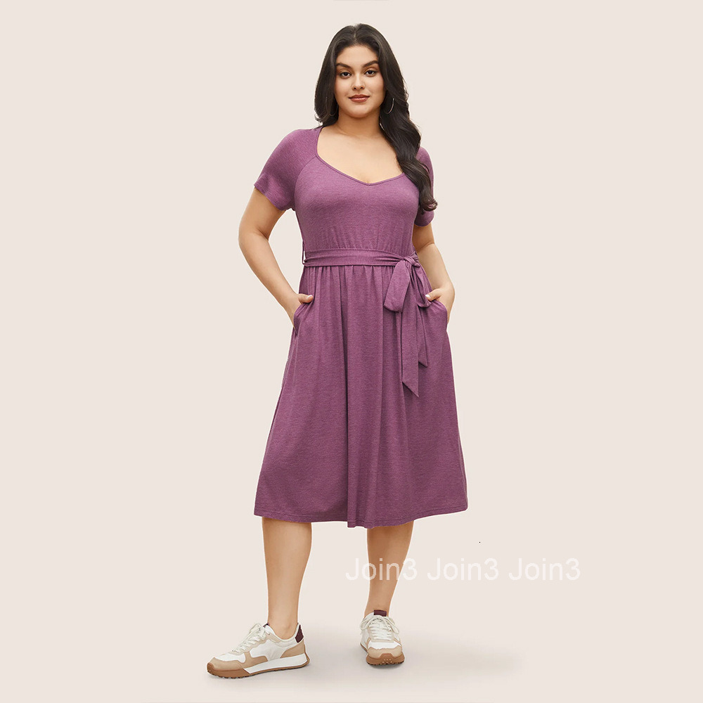 Large Size Womens New V-neck Waist Cinched Pocket Short Sleeved Long Skirt Casual Dress