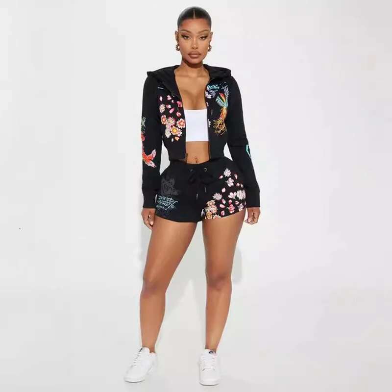 Sifreyr Street Printed Fashionable Casual Versatile Shorts Set Hooided Long Sleeved Zipper Cardigan Jacket High Waist Suit