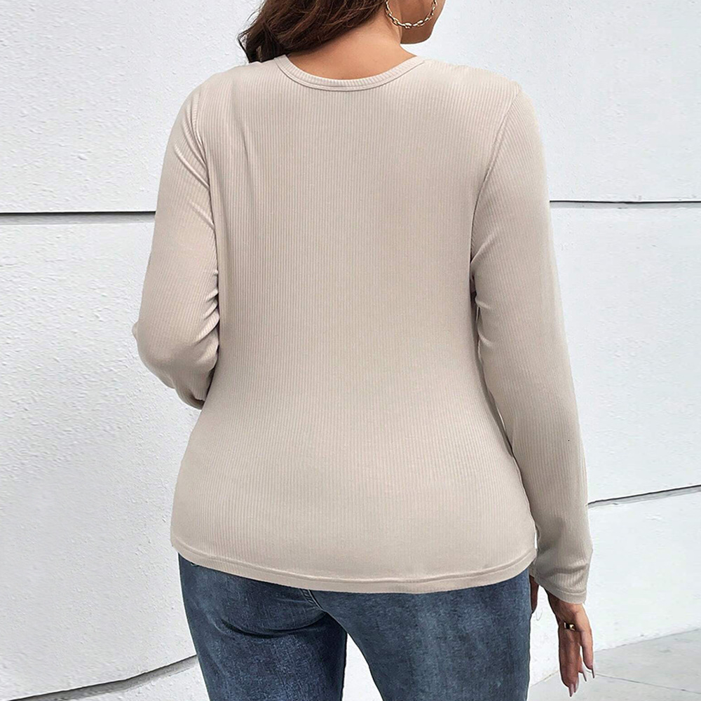 Large Size Womens Autumn and Winter New Sexy Hollow Slim Button Temperament Long Sleeved T-shirt Top