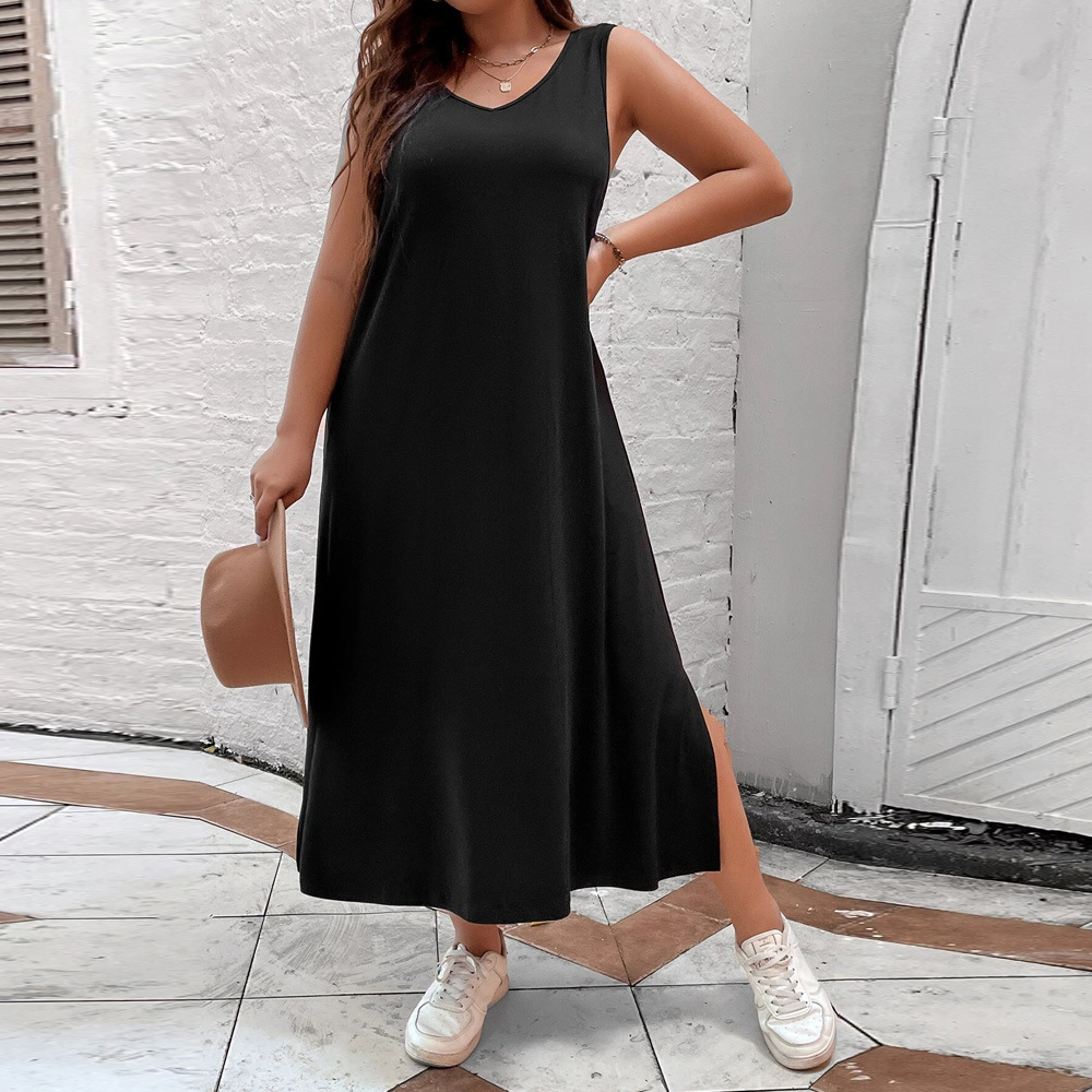 Large Size Womens New Loose H-shaped Casual Solid Color Sleeveless Vest V-neck Dress