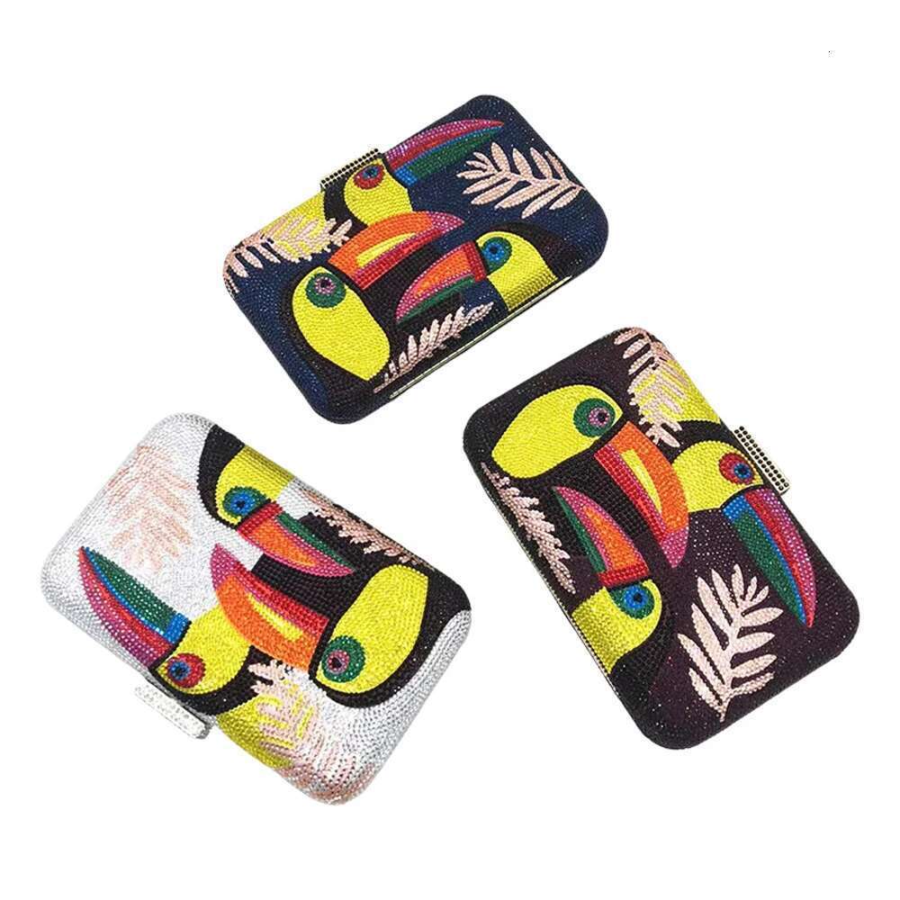Novelty Toucan Bird Women Crystal Evening Bags Rhinestones Box Minaudiere Clutch Party Tail Handbag Dia Chain Purse