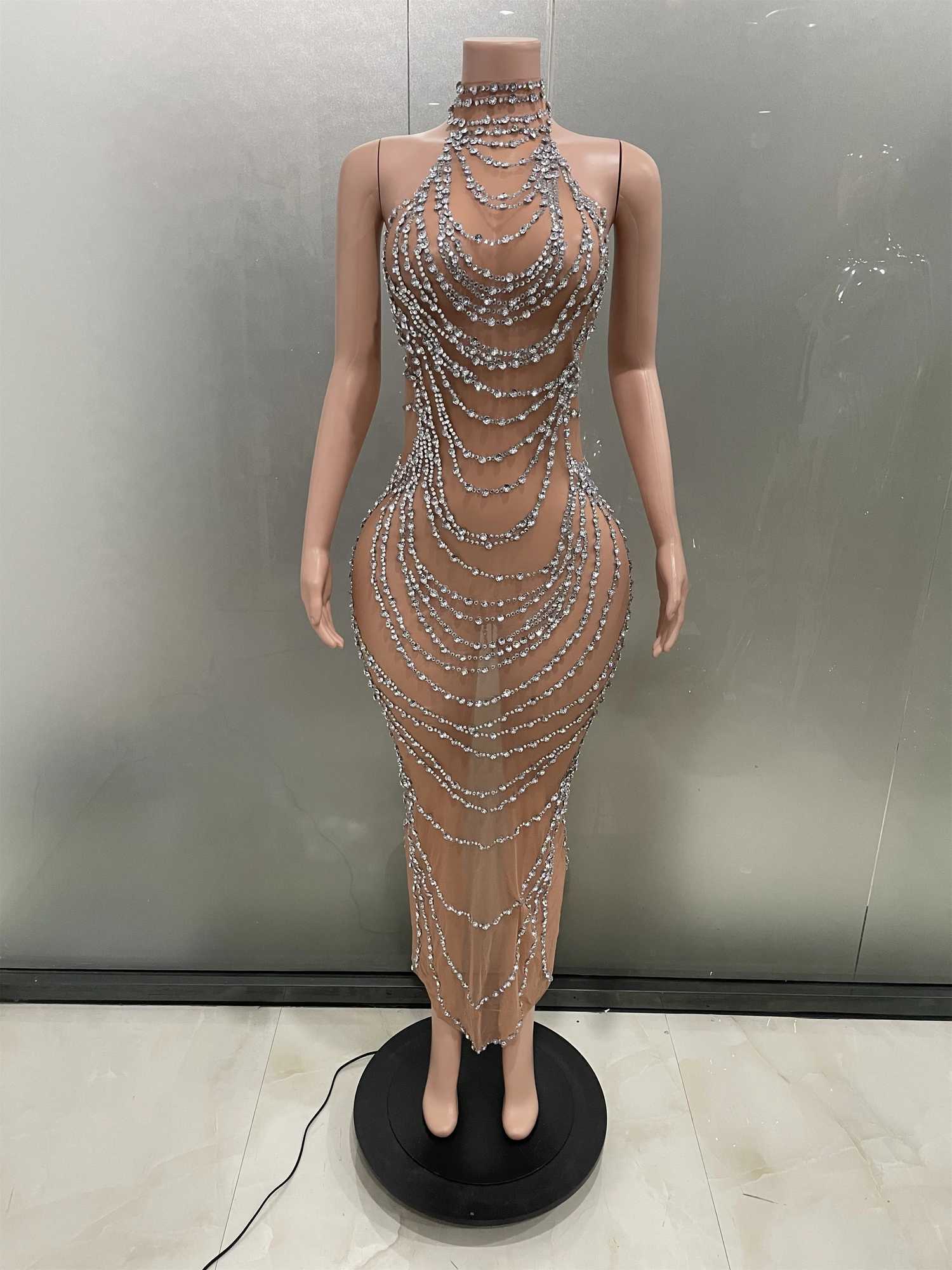 Sexy Luxury Sparkly Gold Rhine Transparent Mesh Long Dress Women Birthday Party Gown Stage Singer Performance Show Come W250516