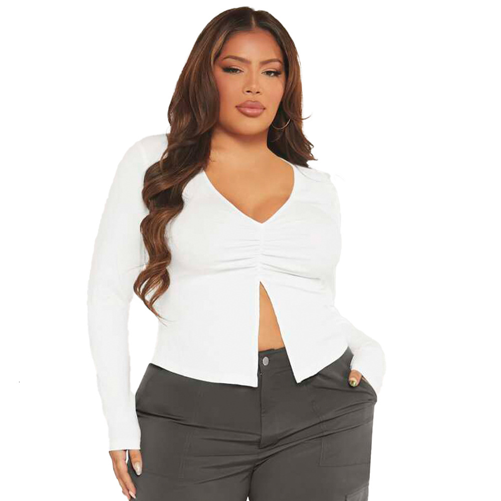 Large Size Womens Clothing Autumn and Winter New Item Slim Fit Slit Elastic Knitted Casual Versatile Long Sleeved T-shirt Top