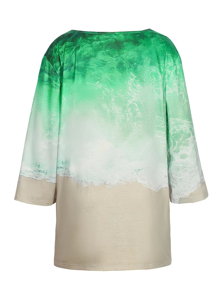 Plus Size 5XL 2025 Summer Casual Tee Shirt Womens V Neck Tops Loose Short Sleeve Wave Print Pullover Fashion Tshirt 250514