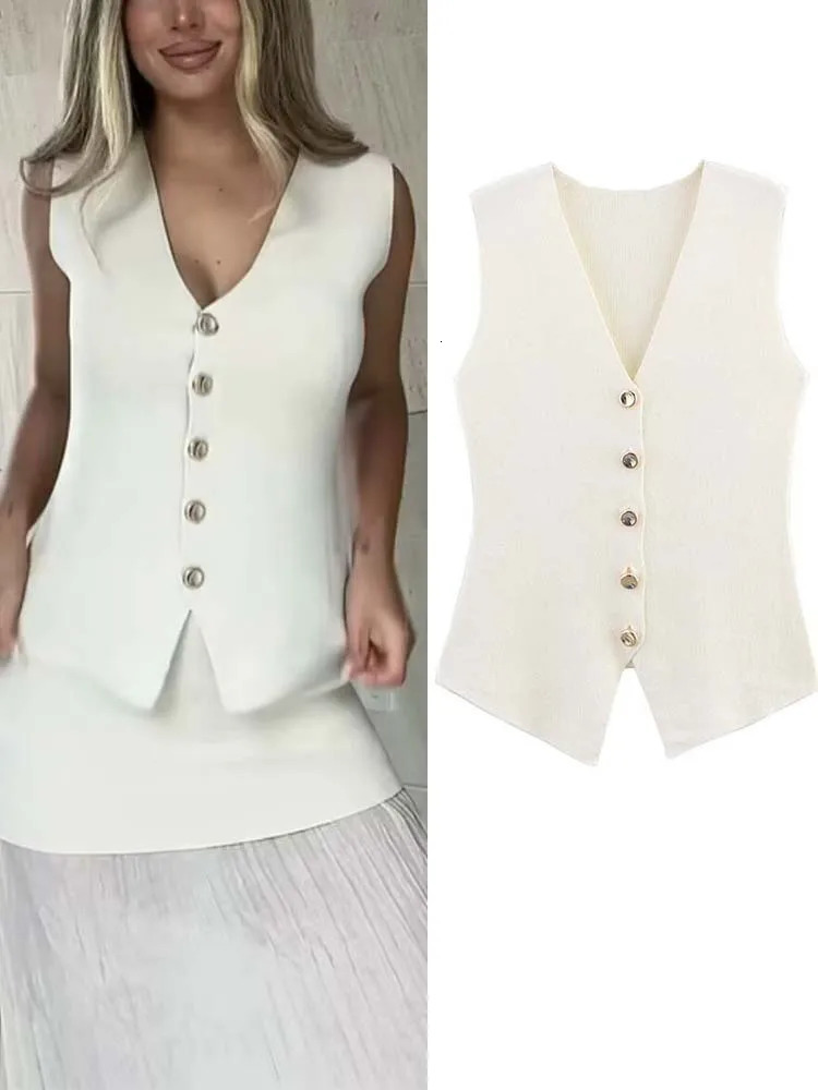 Women Summer Vests Coats 2025 Casual Solid VNeck Knitting Single Breasted Waistcoat Female Elegant Street Vest Outerwear 250506