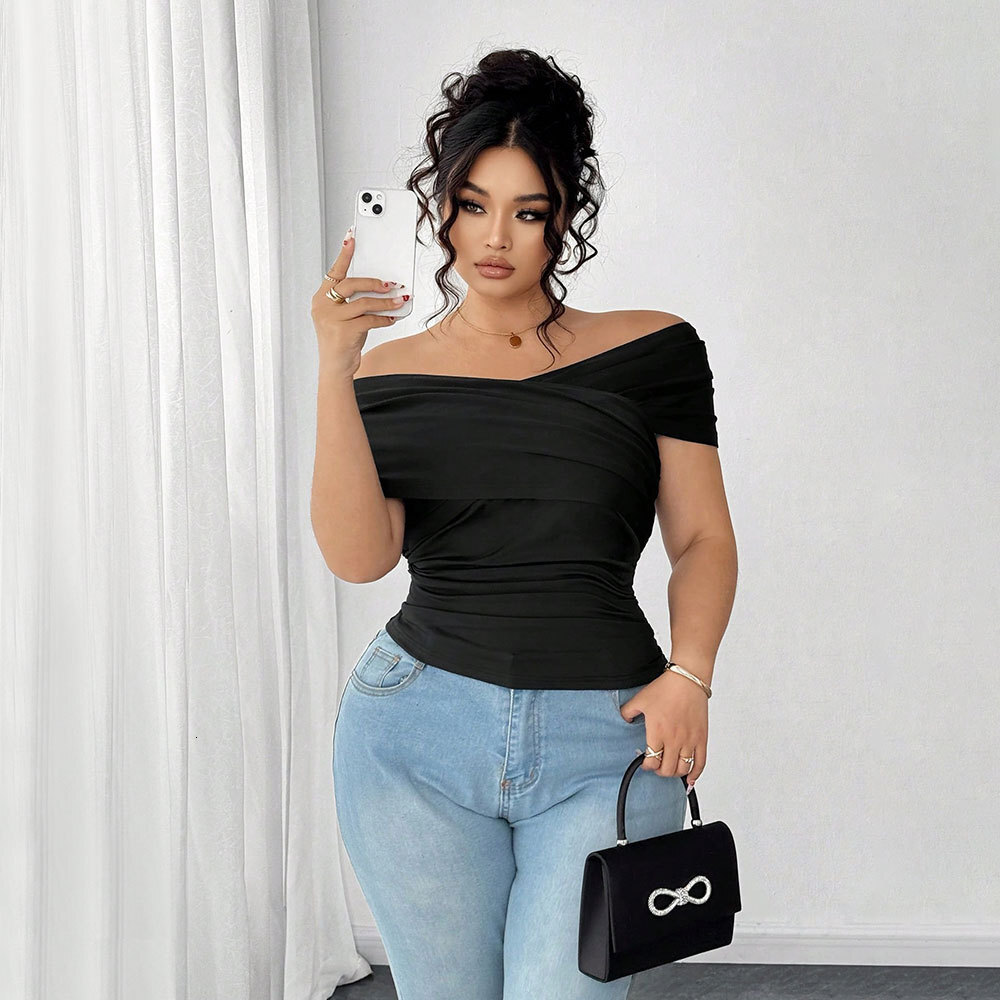 2025 Plus Size Womens Fashion Intellectual Style One Neck T-shirt Summer Off Shoulder Top