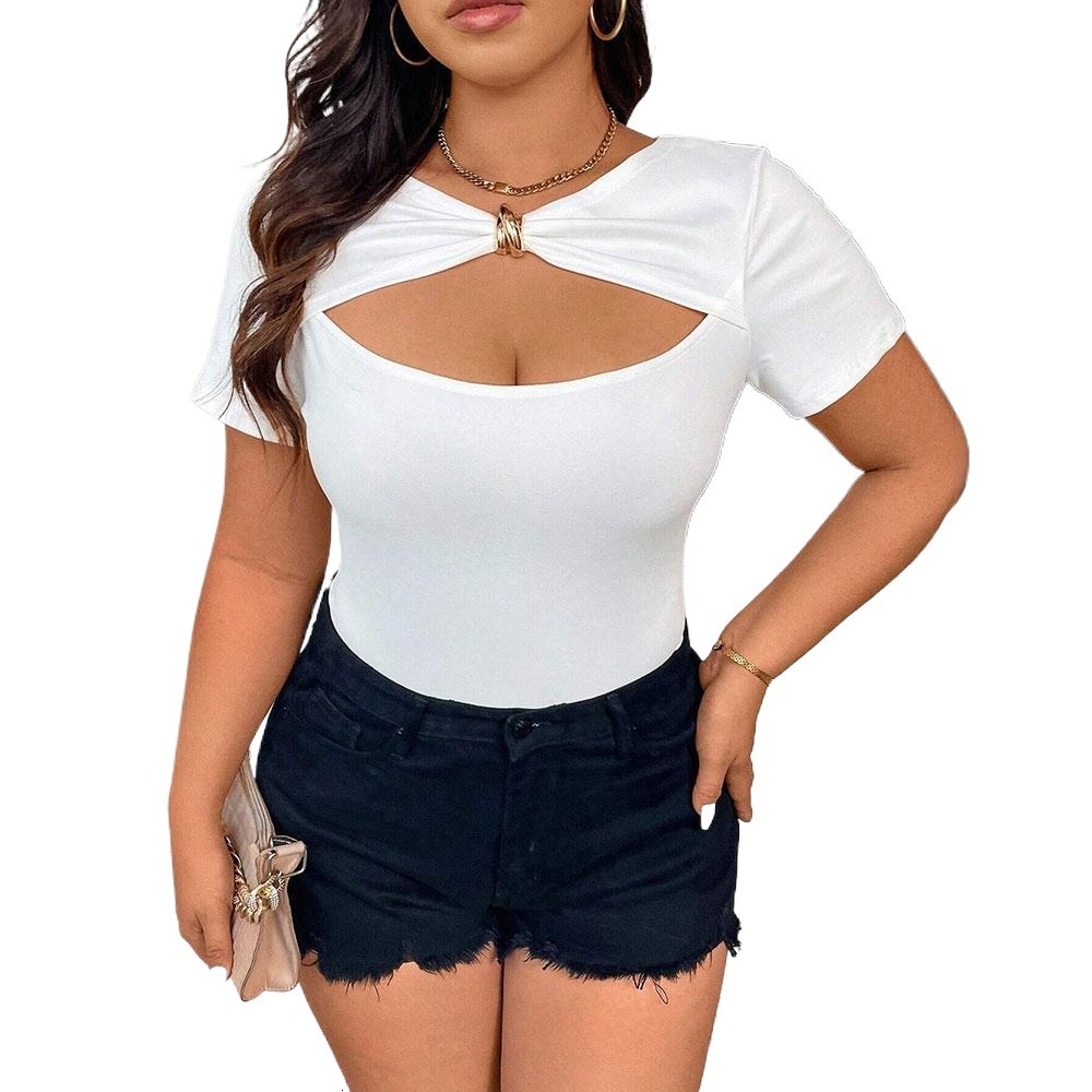 Minimalist Style Short Sleeved T-shirt Plus Size Womens Spring and Summer New Style Slim Fit and Sexy Short Top