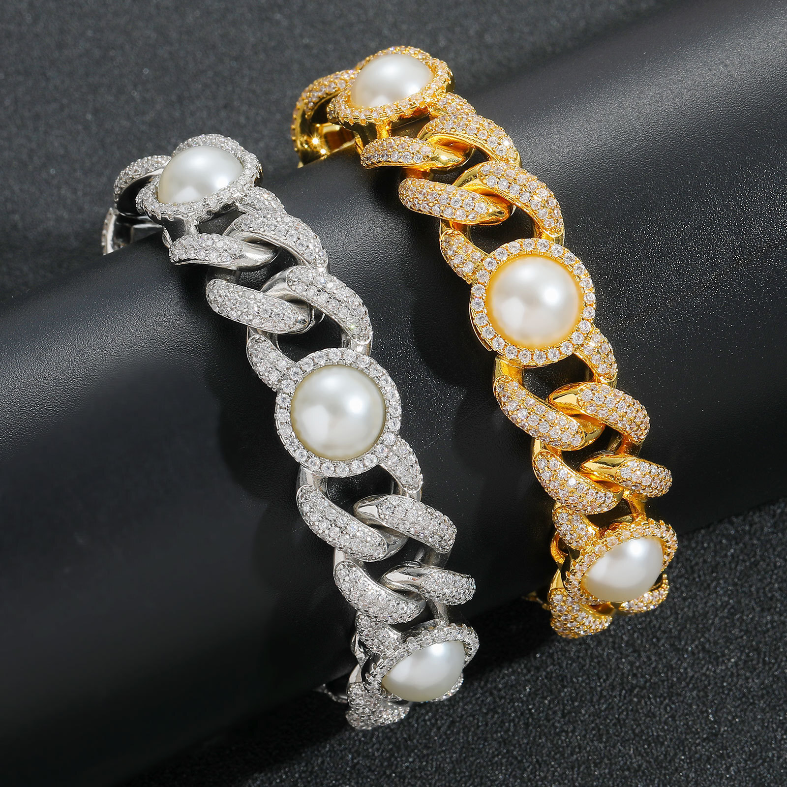 15mm Bling Chunky Hip Hop Pearl Charm Cuban Link Chain Bracelet Prong Cubic Zirconia Personalized Hip Hop Mens Creative Wrist Chains Wolf Tide Rapper 