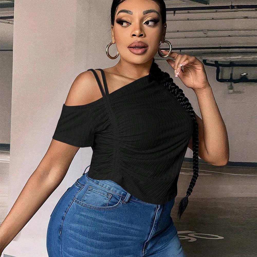 Plus Size Womens Summer New Slim Fit Off Shoulder Sloping Collar Solid Color T-shirt Top