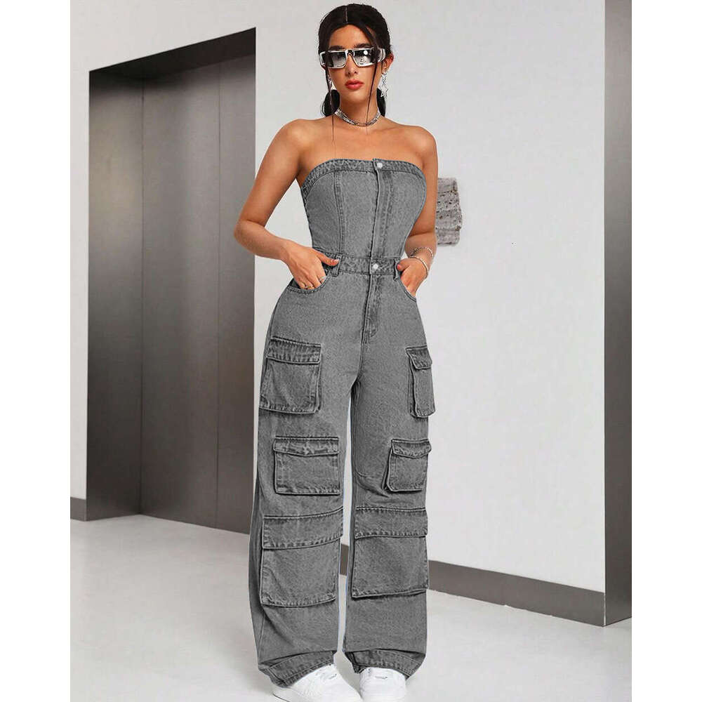 Wide Leg Jumpsuit Women S Denim Jumpsuit Women S Fashion Spicy Girl Strapless Multi Pocket Work Pants