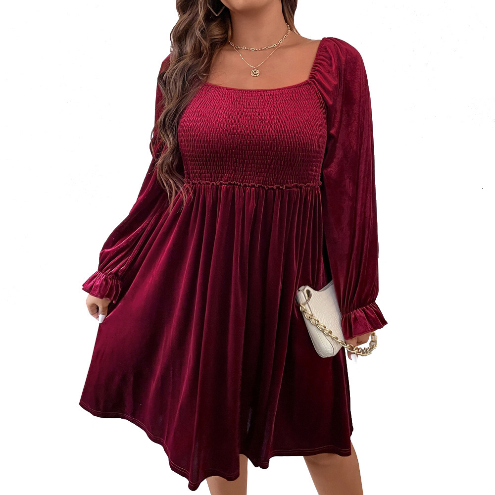 Plus Size Womens Square Neck Elegant Style Dress Autumn and Winter High Waisted Pleated Wine Red Mid Skirt