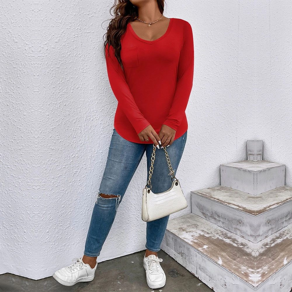 Large Size Womens New Slim Fit Casual V-neck Knitted Long Sleeved Versatile Top