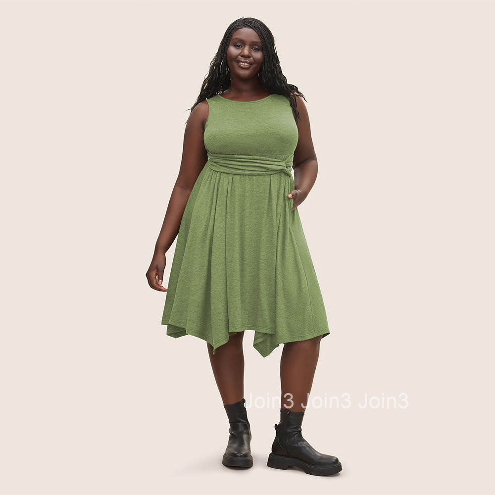 Oversized Womens New Round Neck Sleeveless Vest Pocket Solid Color Irregular Dress