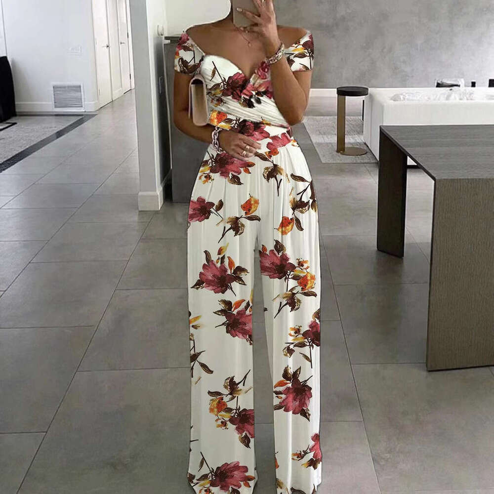 Wide Leg Jumpsuit Women S Fashion One Shoulder Printed Temperament Commuter Casual High Waist Jumpsuit For Women
