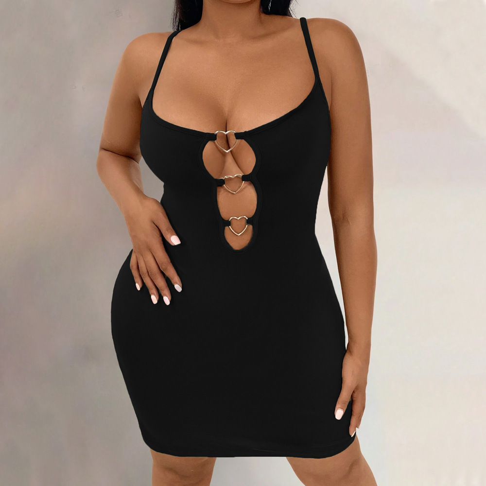 Large Size Womens Spicy Style Sexy Hollow Out Love Suspender Hip Hugging Skirt Fashionable Low Cut Slim Fit Short Skirt