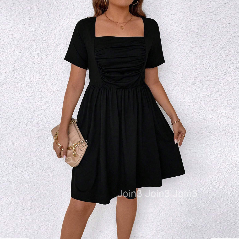 Large Womens Spring/summer New Square Collar Waist Short Sleeve Dress