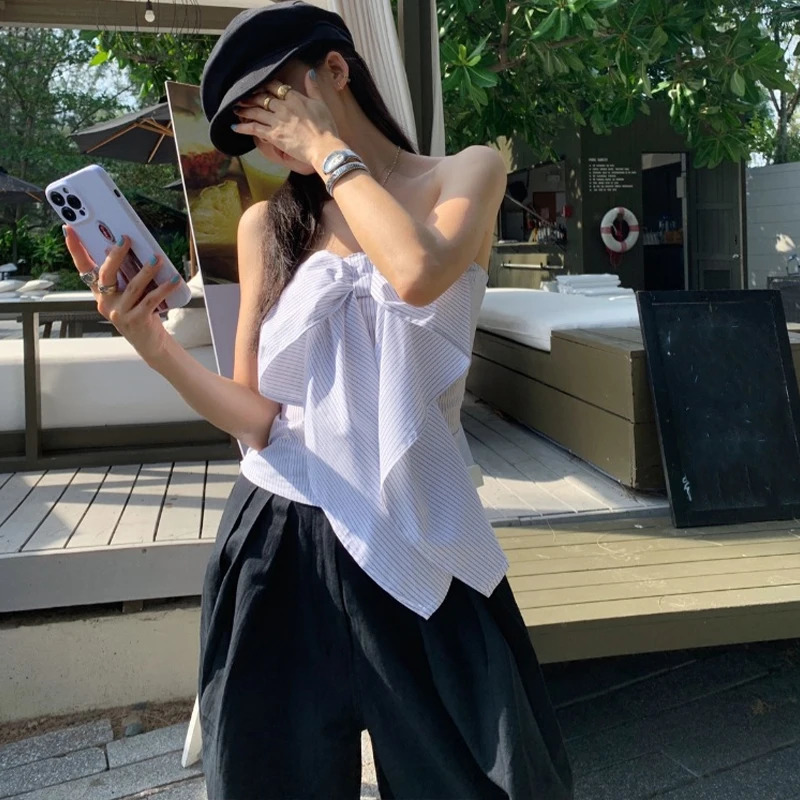 WhereMery Korean Casual Off Shoulder Print Crop Tops Fashion Bow Sleeveless Tank Top Summer 2025 Preppy Streetwear Womens Vests 250506