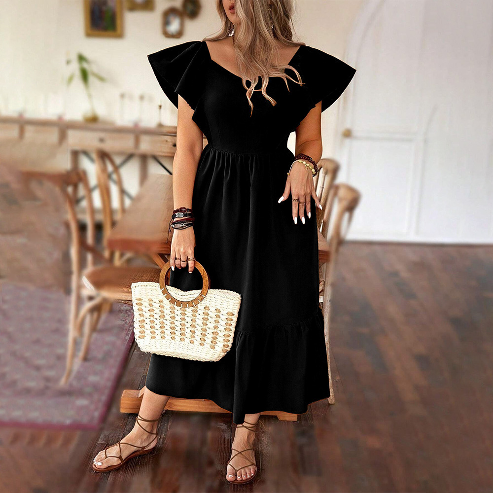 Spring Black Temperament French Knee Length Skirt with Ruffled Edges Short Sleeved Square Neck Slim Fit Backless Dress