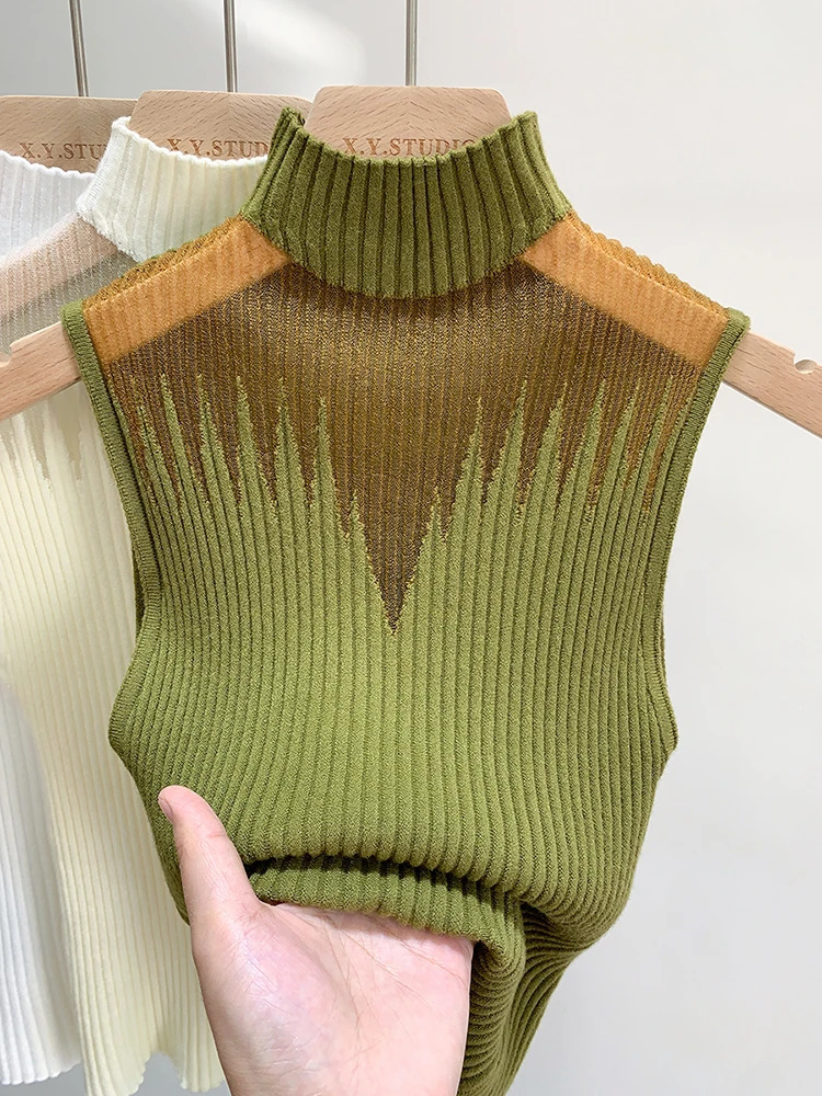 Mesh Knitted Top Women Y2K Tank Half Neck Vest Female Sleeveless Sweater Chic Cut Out Streetwear Solid Skinny Tube 250506