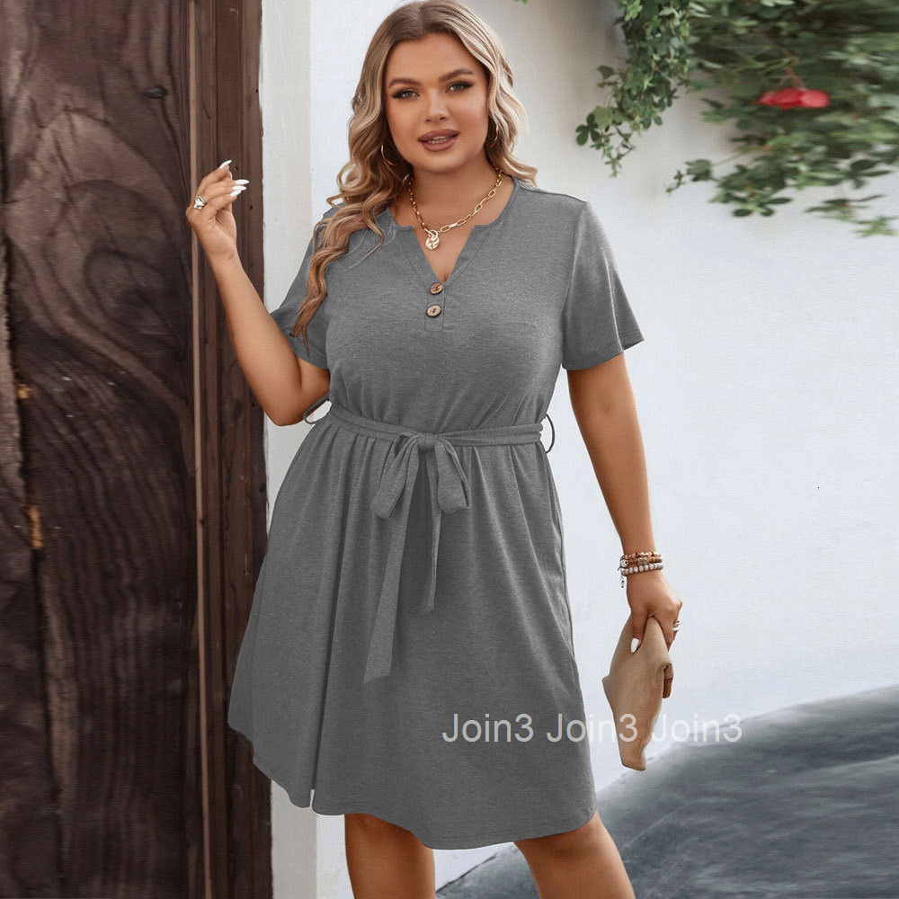 Spring/summer New Plus Size Womens V-neck Waistband Cinched A-line Skirt Short Sleeved Temperament Dress