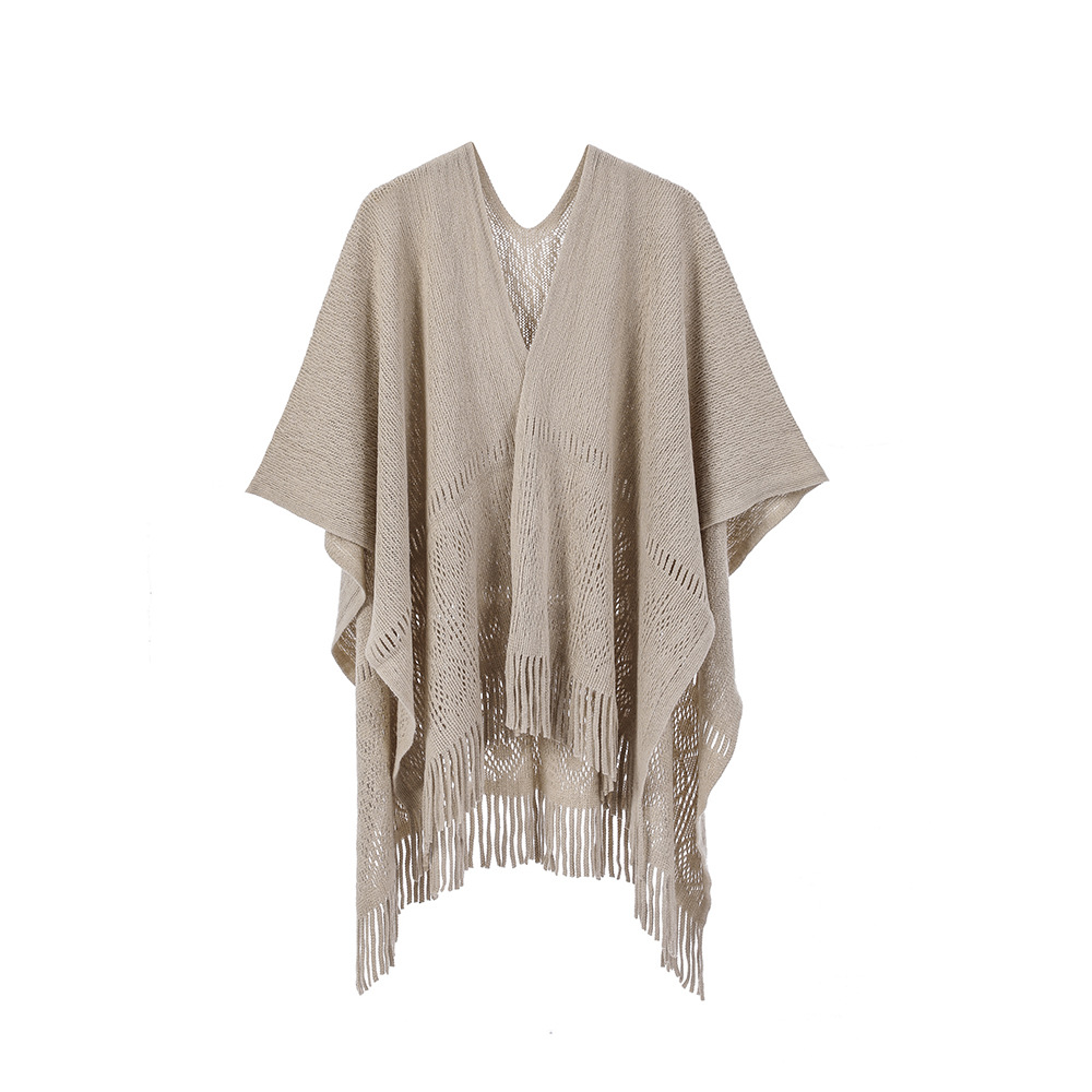 K739 Hot foreign trade European and American spring, summer and autumn 2025 new warp knitted solid color tassel thin hollow shawl