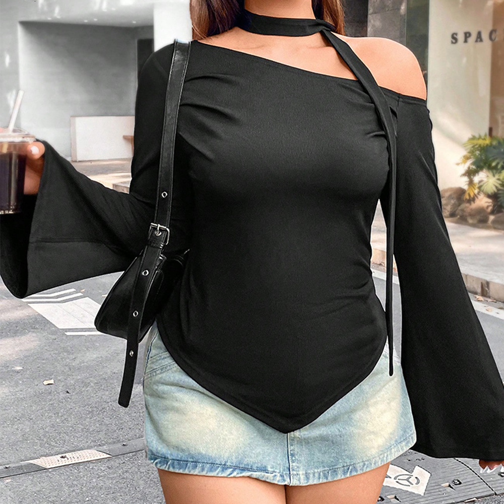 Large Size Womens Clothing Autumn and Winter Design Sense Irregular Long Sleeved T-shirt Short Fit Off Shoulder Top