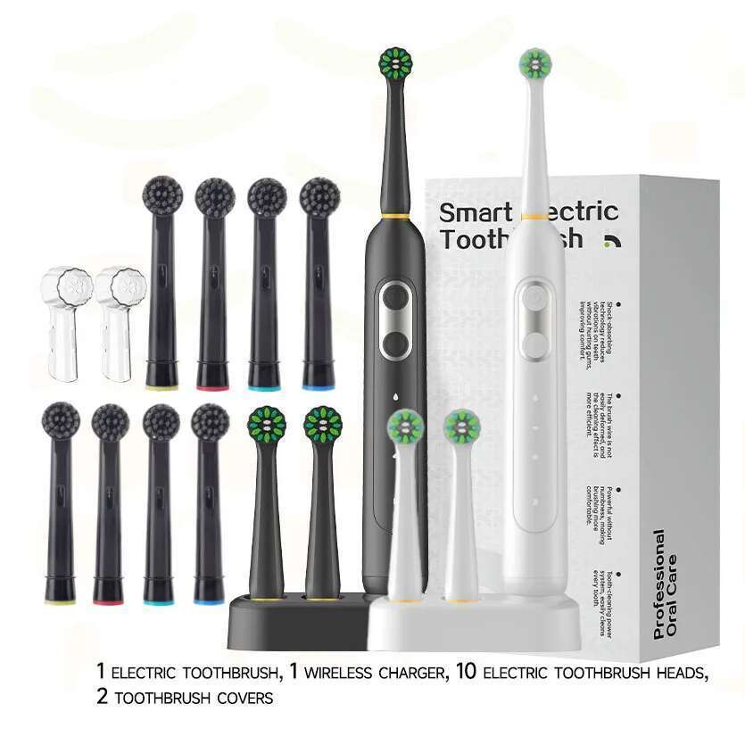 Rotating electric toothbrush induction charging, waterproof, high-performance motor,3 modes 70 day battery life, 10 brush heads