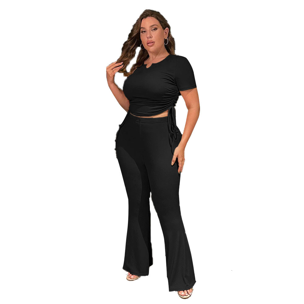 Large Womens Slim Fit Short Top Elastic Waist Flare Pants Fashion Casual Two Piece Set