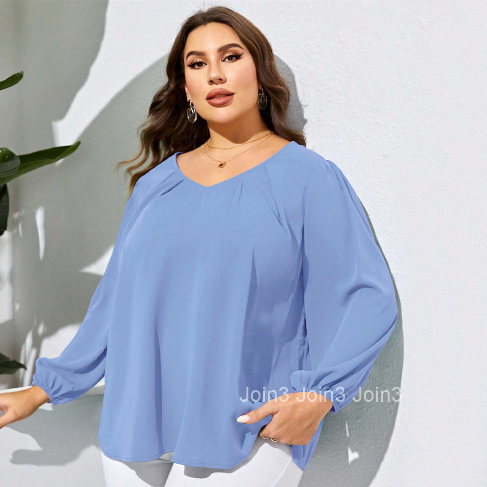 Large Size Womens Clothing Autumn and Winter V-neck Loose Casual Bubble Sleeve Temperament Shirt Womens Top