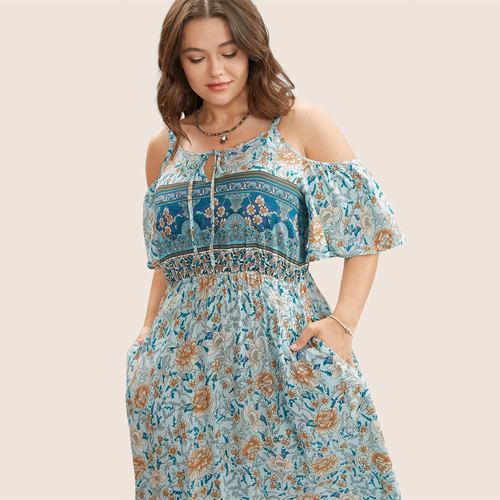 Oversized Womens Summer Suspender Sexy Casual Vacation Off Shoulder Floral Dress